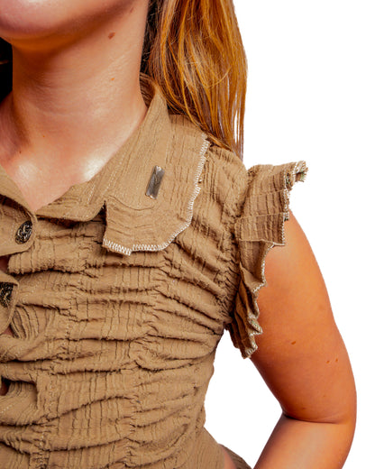 Shirred Flutter Sleeve Shirt - Plaid Brown