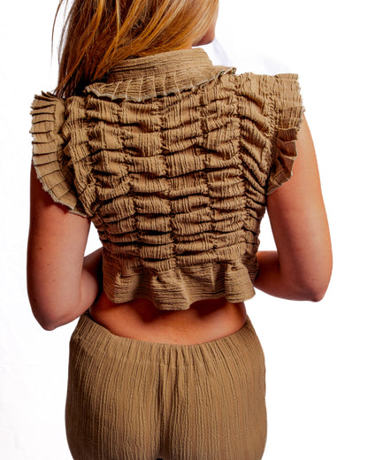 Shirred Flutter Sleeve Shirt - Plaid Brown