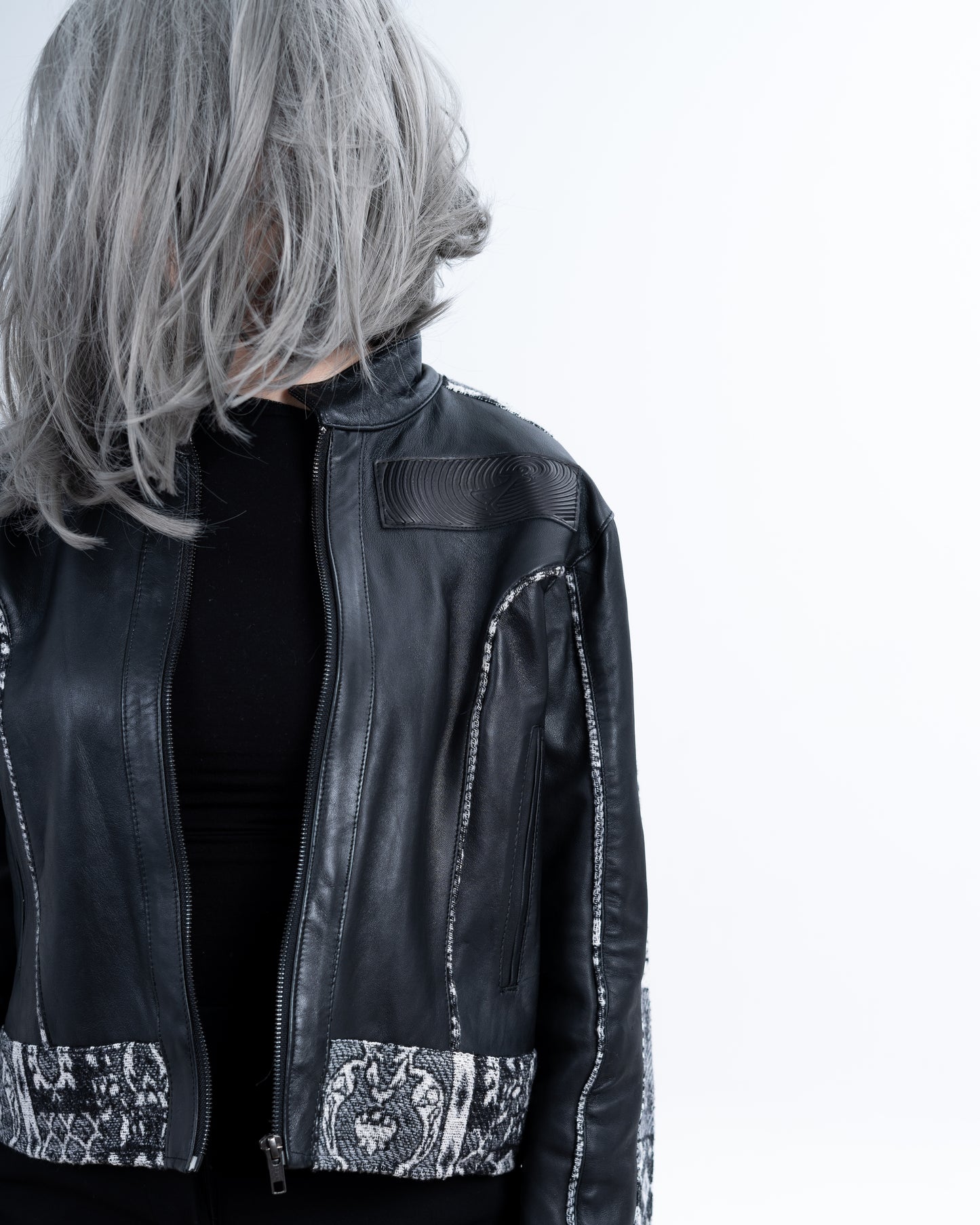 Black Genuine Leather Black Patterned Racer Jacket