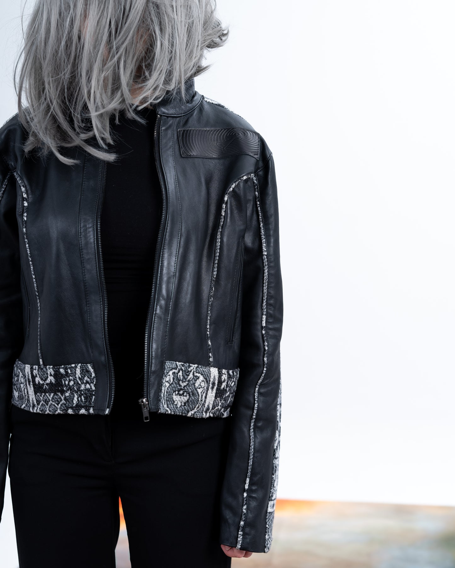 Black Genuine Leather Black Patterned Racer Jacket