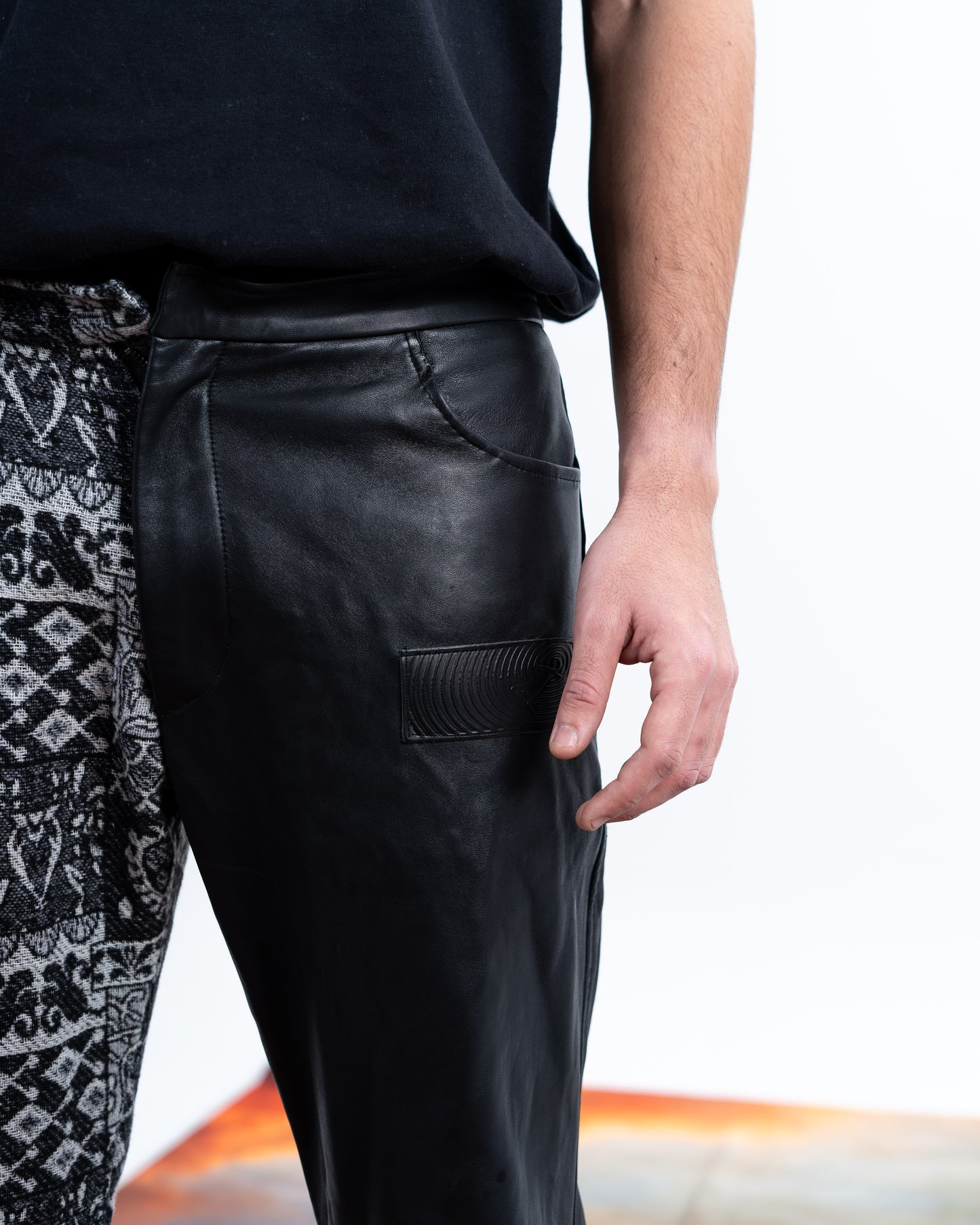 Black Genuine Leather Gray Patterned Pants