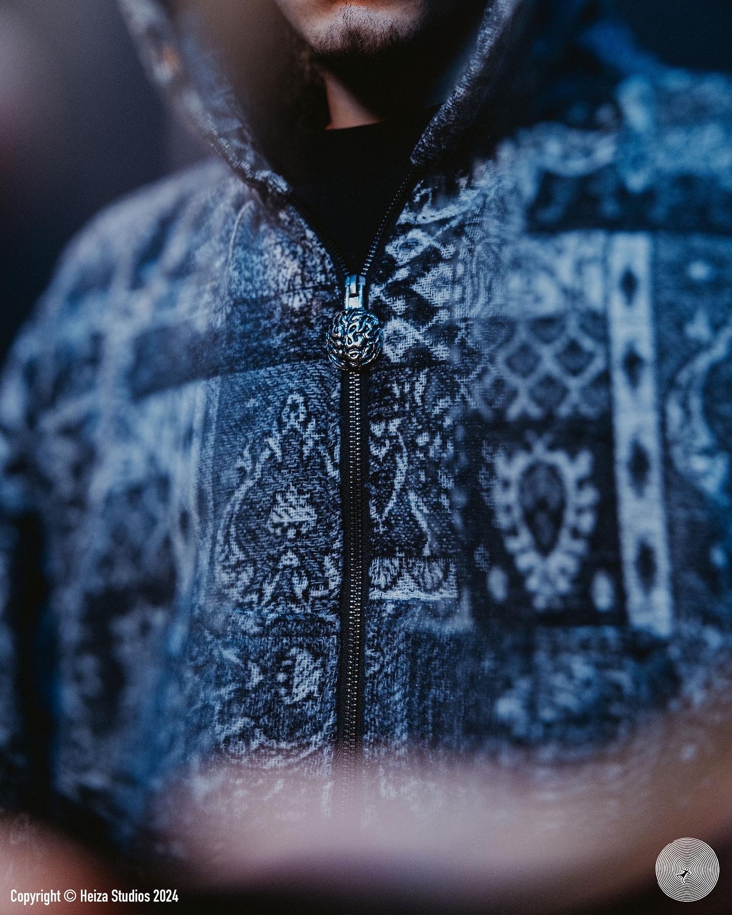 Black Patterned Zip Up Hoodie