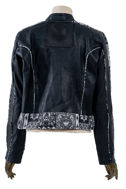 Black Genuine Leather Black Patterned Racer Jacket