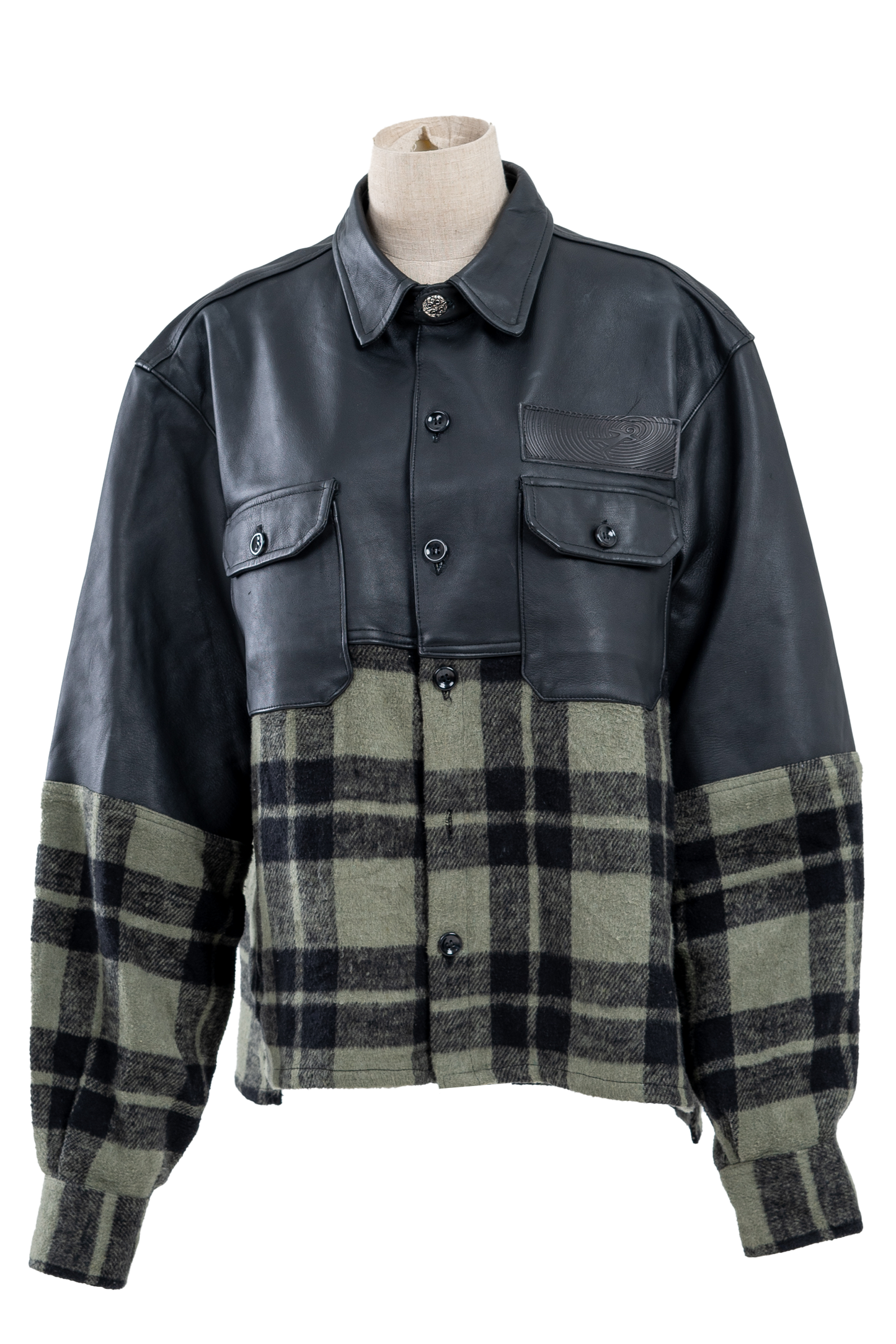 Genuine Leather and Green Plaid Flannel shirt