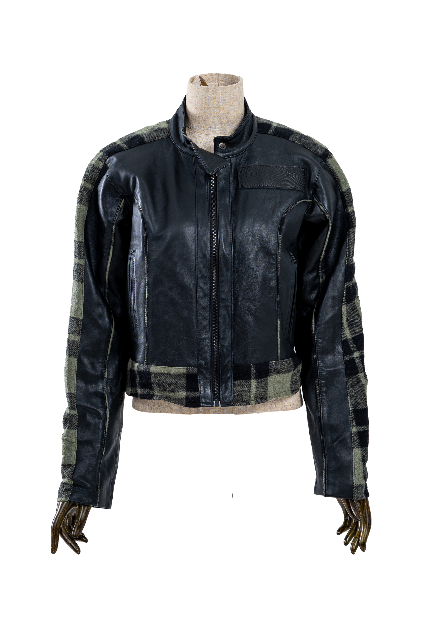 Genuine leather Jacket With Plaid Green Pattern