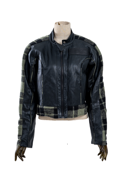 Genuine leather Jacket With Plaid Green Pattern