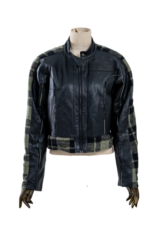 Genuine leather Jacket With Plaid Green Pattern