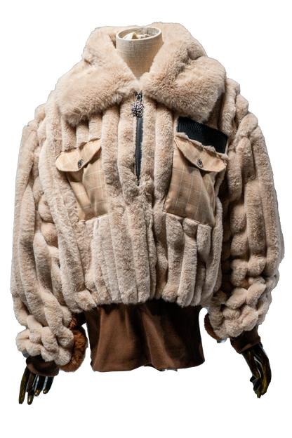 Plaid Beige/checkered wool Fur Half-zip